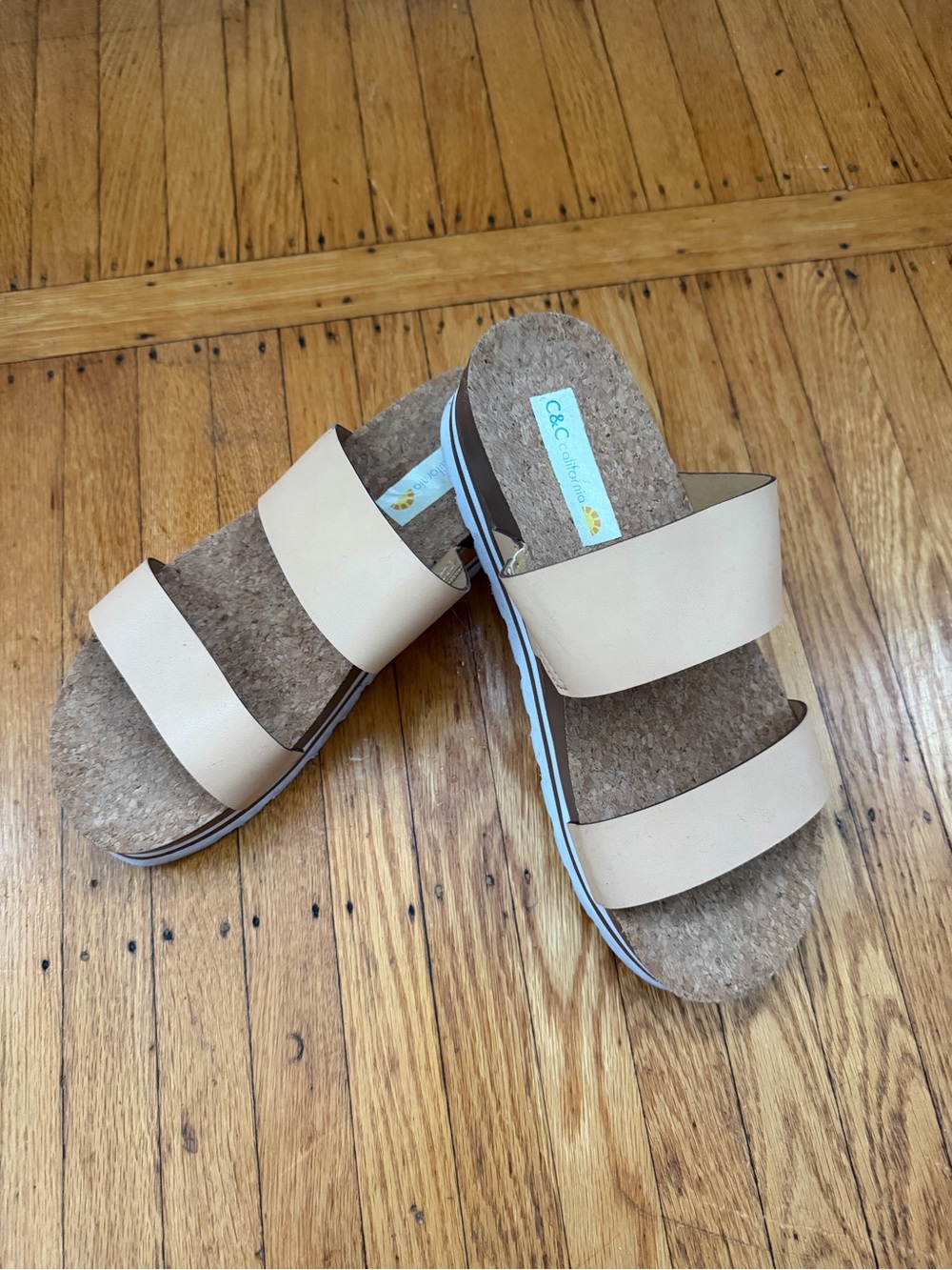 C&C California Beige Double-Strap Cork Slide Sandals
